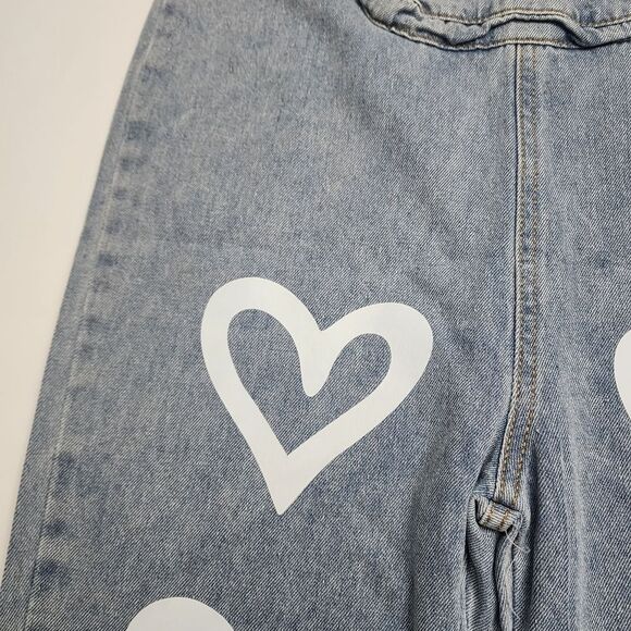 Girls Printed Hearts Blue Denim Jean Overall Pants NEW Size 6-7 - Picture 5 of 8